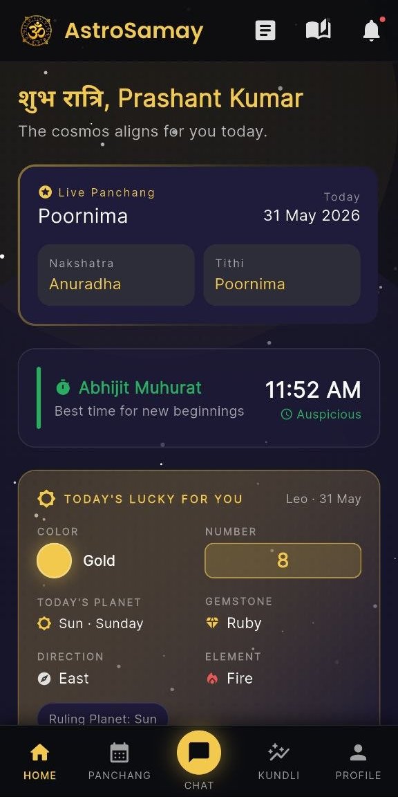 AstroSamay app preview, daily Panchang, auspicious Muhurat, and today's lucky horoscope